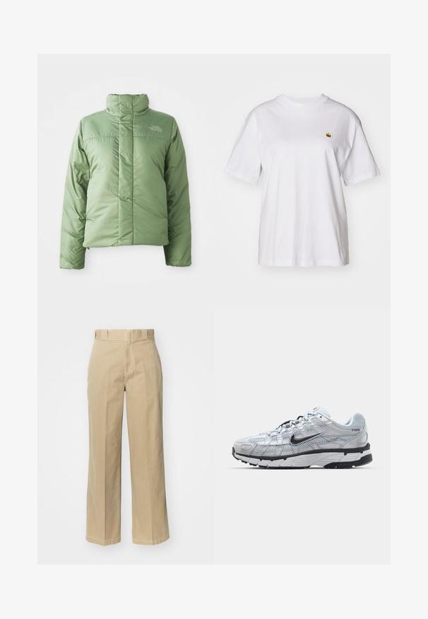 Veste doudoune verte claire avec un col haut, fermeture éclair et coutures cousues. Présente le logo sur la poitrine et une texture de tissu lisse et brillante.; T-shirt en coton blanc avec une coupe décontractée, des manches courtes et un petit logo brodé sur la poitrine gauche.; Pantalons larges beiges en coton, dotés de passants de ceinture, d'une braguette zippée et de surpiqûres contrastées le long des coutures.; Baskets Nike P-6000 avec une tige en mesh gris clair, des accents noirs et une semelle en caoutchouc noir durable. Présente un design complexe et un système de laçage.