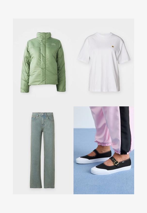 Svetlozelená puffrová bunda s vysokým golierom, zipsovým uzatváraním a šitými švami. Obsahuje logo na hrudi a hladký, lesklý textilný povrch.; Biely bavlnený tričko s voľným strihom, krátkymi rukávmi a malým vyšitým logom na ľavej strane hrude.; Svetlomodré rovné džínsy vyrobené z denimu, s piatimi vreckami, zapínaním na gombík a zips a jemným vyblednutím látky.; Čierne plátenné topánky s bielou podrážkou, s výrezovým dizajnom a zlatým prackovým remienkom. Nosené s ružovými teplákmi.