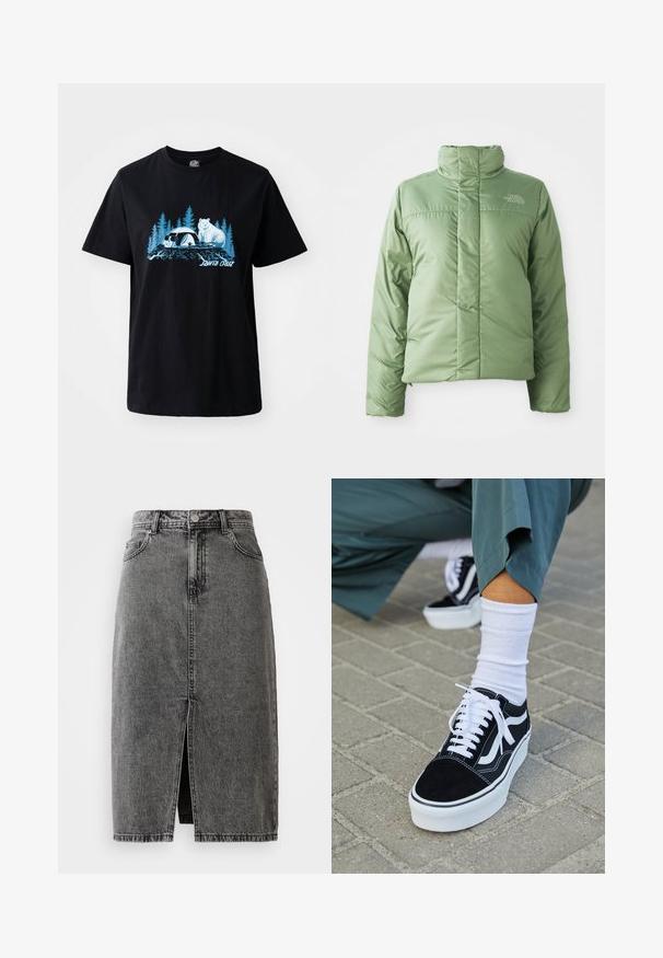 Hellgrüne Pufferjacke mit hohem Kragen, Reißverschluss und genähten Nähten. Mit Logo auf der Brust und glatter, glänzender Stoffoberfläche.; Schwarzes Baumwoll-T-Shirt mit einem blauen Grafikdruck eines Bären und eines Pandas vor einem Hintergrund mit Bäumen. Kurzärmlig und mit rundem Ausschnitt.; Hochgeschnittene, ausgebleichte schwarze Denim-Midirock mit vorderem Schlitz, Gürtelschlaufen und klassischem Fünf-Taschen-Design.; Schwarze Wildledersneaker mit weißen Akzenten und Schnürsenkeln, ausgestattet mit einer dicken weißen Sohle und kontrastierenden Nähten, kombiniert mit einer weißen Socke.