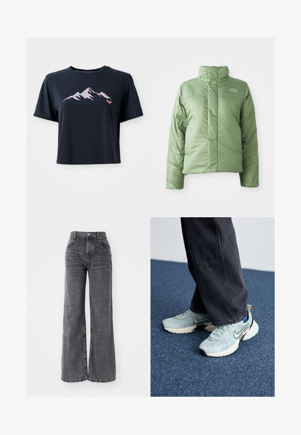 Veste doudoune verte claire avec un col haut, fermeture éclair et coutures cousues. Présente le logo sur la poitrine et une texture de tissu lisse et brillante.; T-shirt cropped bleu marine en tissu lisse, avec un graphique de montagne rose clair et un petit logo orange en bas à gauche.; Pantalon en denim gris à jambes larges avec une taille haute, doté d'un style à cinq poches traditionnel et d'une finition légèrement délavée.; Baskets Nike en maille bleu clair avec une finition texturée, un swoosh noir et une semelle intermédiaire crème, associées à un pantalon large gris foncé.