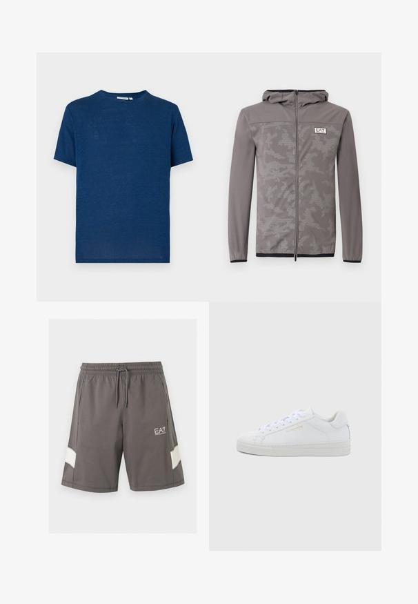Sweat à capuche zippé gris avec un motif camouflage discret, fabriqué en tissu lisse, doté d'une capuche ajustable et de poignets élastiques. Accents noirs à l'ourlet.; T-shirt uni bleu marine à manches courtes, col rond, coupe régulière, présenté sur un fond gris clair.; Shorts gris à taille élastique avec cordon, poches latérales, bandes blanches sur les jambes et logo blanc EA7 Emporio Armani sur la cuisse gauche.; Baskets basses en cuir blanc avec bout rond, lacets plats, semelle texturée et logo discret doré sur le côté. Surface lisse et design minimaliste.