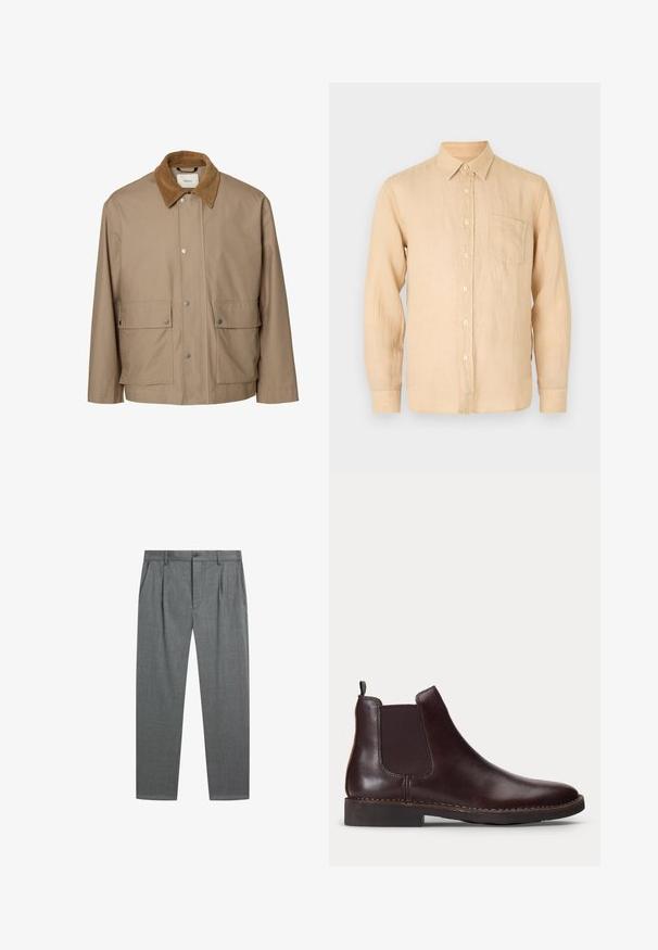 Beige afslappet jakke med brun kordfløjls-krave, trykknapper ned foran og to store klaplommer ved hofterne.; Beige langærmet skjorte i linned med knapkrave, frontlomme og en glat, let struktureret overflade. Klassisk pasform og enkelt design.; Grå formelle bukser med frontfolder, sidelommer, bæltestropper og knaplukning i taljen mod en hvid baggrund.; Mørkebrun læder Chelsea-støvle med elastisk sidepanel og lav hæl, vist i profil på en hvid baggrund.