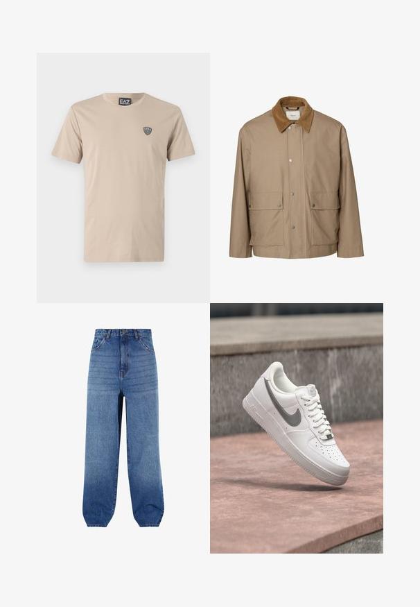 Beige rento takki, jossa ruskea corduroy-kaulus, edessä painonapit ja kaksi suurta läppätaskua lantiolla.; Valkoinen puuvillapaita, jossa on pyöreä pääntie ja lyhyet hihat. Vasemmassa rinnassa on pieni musta EA7-logo. Pintamateriaali on sileä.; Vaaleansiniset farkut, joissa on korkea vyötärö, väljä malli ja kapenevat lahkeet. Mukana viisi taskua ja hienovarainen kuluminen etuosassa.; Valkoinen Nike Air Force 1 -tennari, jossa harmaa swoosh-logo, leijuu kiven päällä kiven harmaan seinän taustalla.