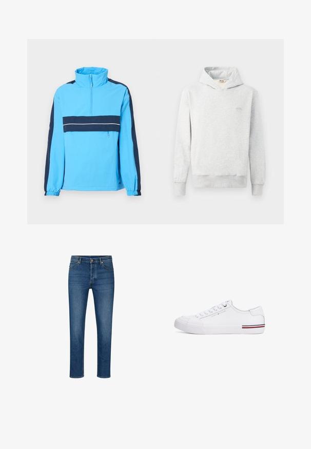 Blaues Pullover-Jacket mit hohem Kragen, halbem Reißverschluss, marineblauen Einsätzen und elastischen Bündchen. Verfügt über einen weißen horizontalen Streifen über der Brust.; Hellgrauer Hoodie aus weichem Stoff, mit klassischem Design, vorderer Kängurutasche und gerippten Bündchen. Kleines Logo auf der Brust.; Blaue Denim-Jeans mit geradem Schnitt, ausgestattet mit fünf Taschen, Gürtelschlaufen und einem Knopfverschluss. Leichte Abnutzungsspuren und kontrastierende Nähte.; Weißer Sneaker mit einem glatten synthetischen Obermaterial, abgerundeter Spitze, geschnürtem Front und Logodetail. Verfügt über einen mehrfarbigen Streifenakzent an der Sohle.