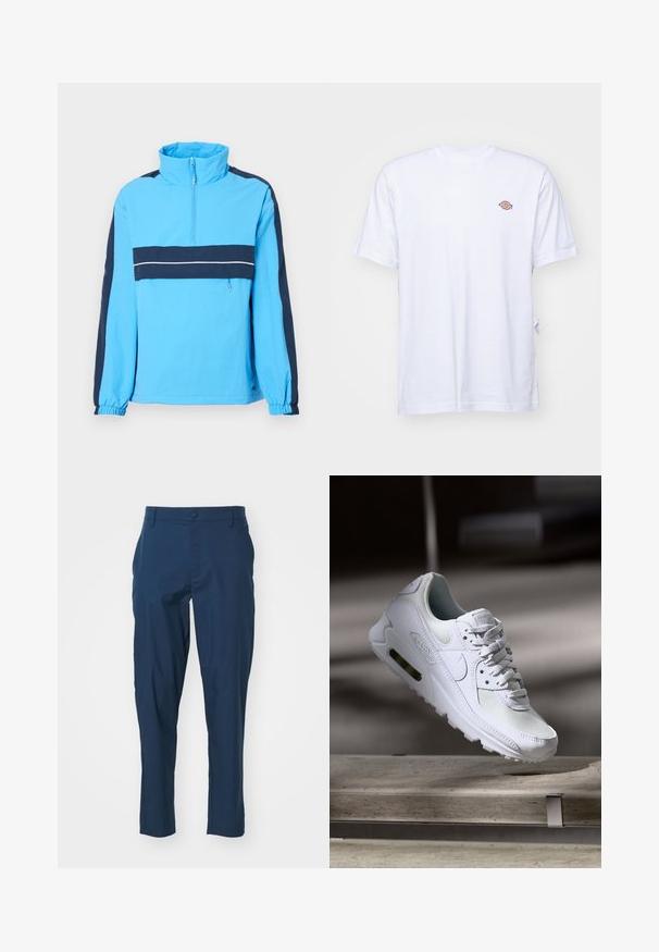 Blaues Pullover-Jacket mit hohem Kragen, halbem Reißverschluss, marineblauen Einsätzen und elastischen Bündchen. Verfügt über einen weißen horizontalen Streifen über der Brust.; Weißes Baumwoll-T-Shirt mit V-Ausschnitt und kurzen Ärmeln. Besitzt ein kleines, buntes, gesticktes Logo auf der linken Brustseite. Weiches Material.; Marineblaue Hose aus glattem Stoff, körpernahe Passform, mit Fronttaschen und einem knöpfbaren Verschluss an der Taille. Keine sichtbaren Muster.; Weiße Nike Air Max 90 Sneaker mit einem Obermaterial aus Mesh und Leder, durchlässigem Zehenbereich und einer sichtbaren Air-Einheit in der Ferse.