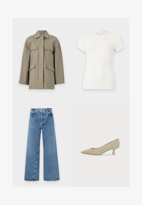 Beige übergroße Jacke mit aufgesetzten Fronttaschen, verdecktem Knopfverschluss, weiten Ärmeln und klassischem Kragen vor weißem Hintergrund.; Weißes, kurzärmeliges, geripptes Strick-T-Shirt mit rundem Ausschnitt und leicht aufgepufften Ärmeln.; Weite blaue Denim-Jeans mit hohem Bund, Knopfverschluss und Fronttaschen. Der Stoff hat eine feine Textur und eine ausgewaschene Optik.; Beige Wildleder-Pumps mit spitz zulaufender Vorderkappe und niedrigem, schlankem mittelhohem Absatz vor einfarbig weißem Hintergrund.