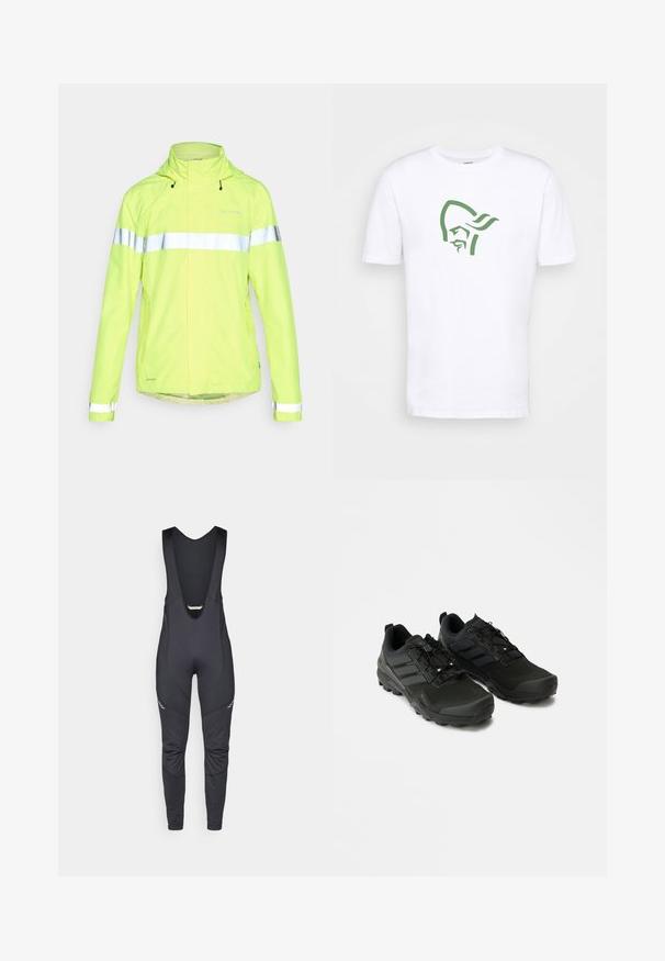 Vaude MENS LUMINUM RAIN JACKET - Fietsjas - neon yellow; Norrøna /29 COTTON VIKING T-SHIRT - T-shirt print - pure white; Vaude MENS MATERA WARM - Lange fietsbroek met bandjes - black; Zwarte sportschoenen met een gestructureerde bovenkant, een duurzame rubberen zool en subtiele reflecterende accenten; beschikt over een vetersysteem voor een stevige pasvorm.