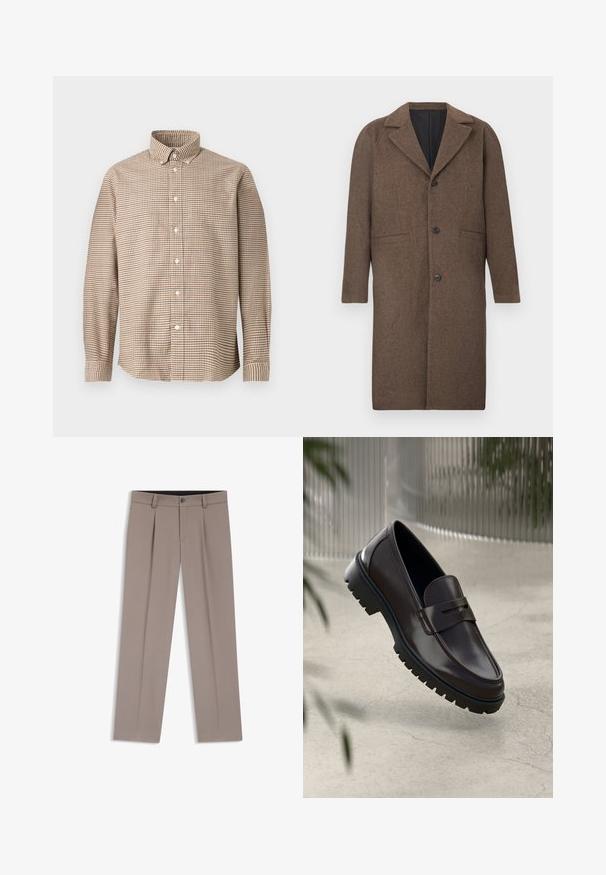 Abrigo marrón de mezcla de lana con cuello con muesca, tres botones delanteros, dos bolsillos laterales y un ajuste relajado, con un forro interior liso.; Camisa de botones de manga larga a cuadros en tonos beige y marrón con cuello botones, exhibida sobre un fondo liso, vista frontal.; Pantalones de hombre a medida de color marrón claro con trabillas para cinturón, pliegues, botón frontal y cremallera, colocados planos sobre un fondo blanco.; Mocasines de cuero marrón con una suela de goma texturizada y estriada. Presentan un diseño elegante y una correa decorativa sobre el empeine.