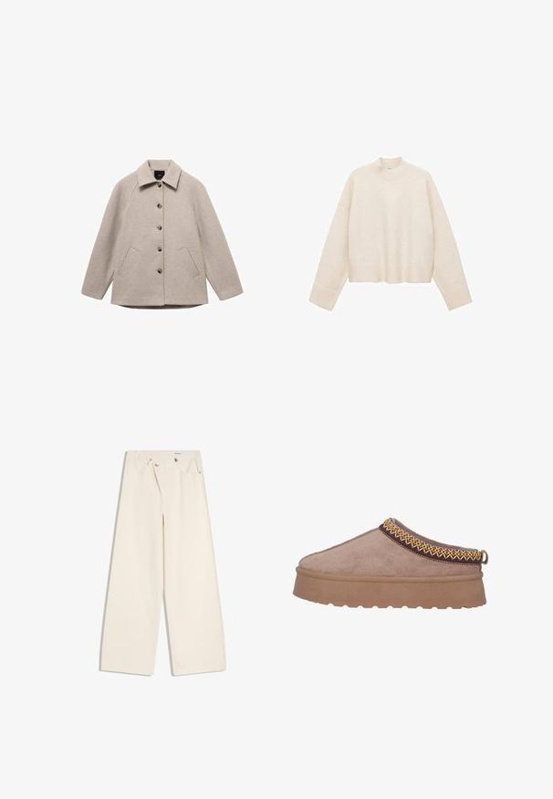 Beige wollen jas met een kraag, vijf knopen en twee zijzakken. Heeft een rechte snit en raglanmouwen voor een relaxed fit.; Crème pullover trui gemaakt van zachte stof, met een hoge nek, verlaagde schouders en een cropped ontwerp met geribde boorden.; Off-white wijde broek met steekzakken aan de voorkant, lussen voor een riem en zilveren knopen op de tailleband en de randen van de zakken.; Bruine suède instap schoen met een dikke, gestructureerde zool, die intrigerende gele en bruine borduursels langs de bovenrand vertoont.