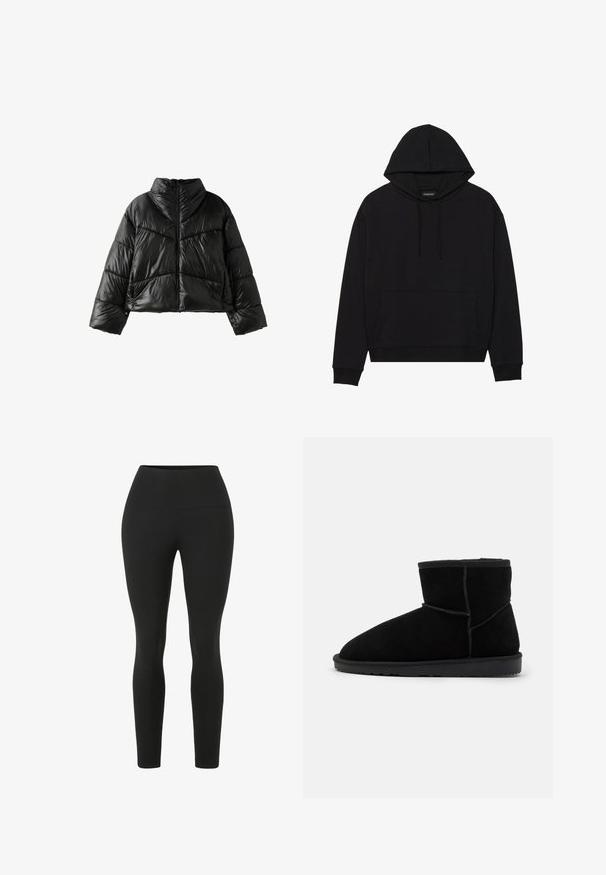Schwarze glänzende Steppjacke mit hohem Kragen, Frontreißverschluss und diagonalen sowie horizontalen Steppnähten, dargestellt auf weißem Hintergrund.; Schwarzer Kapuzenpullover aus weichem Material, mit einer Vordertasche, Kordelzügen und gerippten Bündchen sowie Saum. Einfaches, klassisches Design.; Schwarze Leggings mit einem hohen Bund. Hergestellt aus dehnbarem Stoff, mit einer glatten Textur und einer anliegenden Silhouette ohne sichtbare Nähte.; Schwarze Wildleder-Stiefeletten mit runder Zehenpartie, auf einer flachen Gummisohle. Sie verfügen über minimalistische Nähte und ein weiches Innenfutter.
