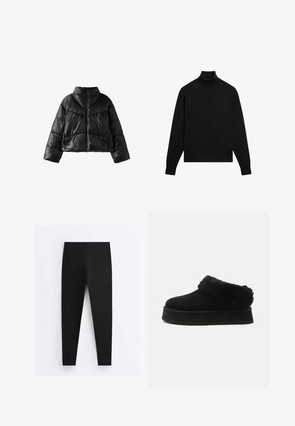 Schwarze glänzende Steppjacke mit hohem Kragen, Frontreißverschluss und diagonalen sowie horizontalen Steppnähten, dargestellt auf weißem Hintergrund.; Schwarzer Langarm-Pullover mit engem Rollkragen und gerippten Bündchen auf weißem Hintergrund.; Schwarze eng anliegende Leggings mit hohem Bund und glattem Stoff, flach auf einem weißen Hintergrund dargestellt.; Schwarzer Slip-On Plateauschuh mit dicker, gepolsterter Sohle und flauschigem Fellkragen rund um den Schuhöffnung.