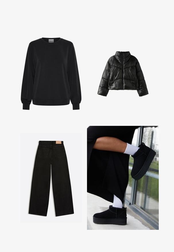 Doudoune noire brillante avec col montant, fermeture éclair sur le devant et coutures matelassées diagonales et horizontales, présentée sur fond blanc.; Sweatshirt noir à manches longues, col rond et poignets côtelés. Présente une texture lisse et un détail de logo subtil à l'avant.; Jean noir à jambes larges vu de dos, avec deux poches arrière et un patch de marque en cuir marron à la ceinture.; Bottines en cuir suédé noir à semelle plate, avec une languette arrière, portées avec des chevilles blanches sur un fond minimaliste.