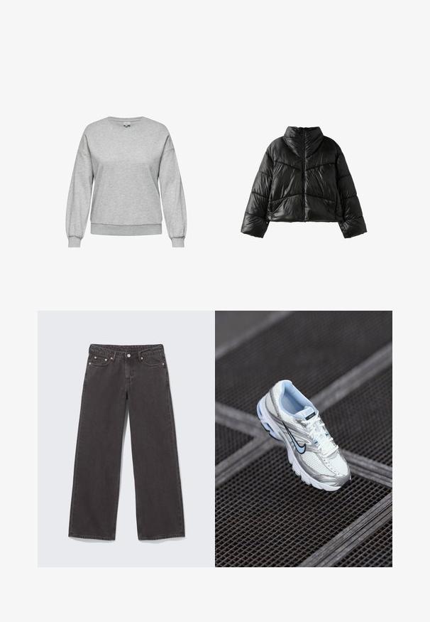 Doudoune noire brillante avec col montant, fermeture éclair sur le devant et coutures matelassées diagonales et horizontales, présentée sur fond blanc.; Sweat-shirt gris en mélange de coton, avec un col rond, des manches longues bouffantes, et des bord-côtes au niveau des poignets et de l'ourlet.; Jean en denim noir à jambes larges avec rivets en cuivre, cinq poches et fermeture par boutons. Texture douce et robuste, coupe droite de la taille à l'ourlet.; Chaussure de sport en mesh blanche avec des accents argentés, des coutures bleu clair et un logo swoosh noir. Elle possède un col rembourré et une semelle texturée.