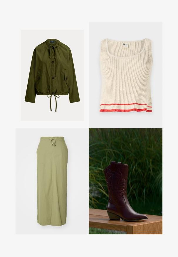 Olivgrüne Jacke aus leichtem Stoff, mit Tunnelzugs Taille, zwei Fronttaschen und Knopfverschluss mit Stehkragen.; Cremfarbener, gerippter Tanktop mit Rundhalsausschnitt und einem roten horizontalen Streifen am Saum. Weicher, strukturierter Stoff mit lockerem Schnitt.; Olivgrüßer Leinen-Maxikleid mit Kordelzugbund, geradem Schnitt, seitlichen Taschen und glatter Textur.; Dunkelbrauner Leder-Cowboystiefel mit gestickten Mustern, niedrigem schrägem Absatz und Zuglaschen, platziert auf einer Holzbank mit grünem Pflanzenhintergrund.