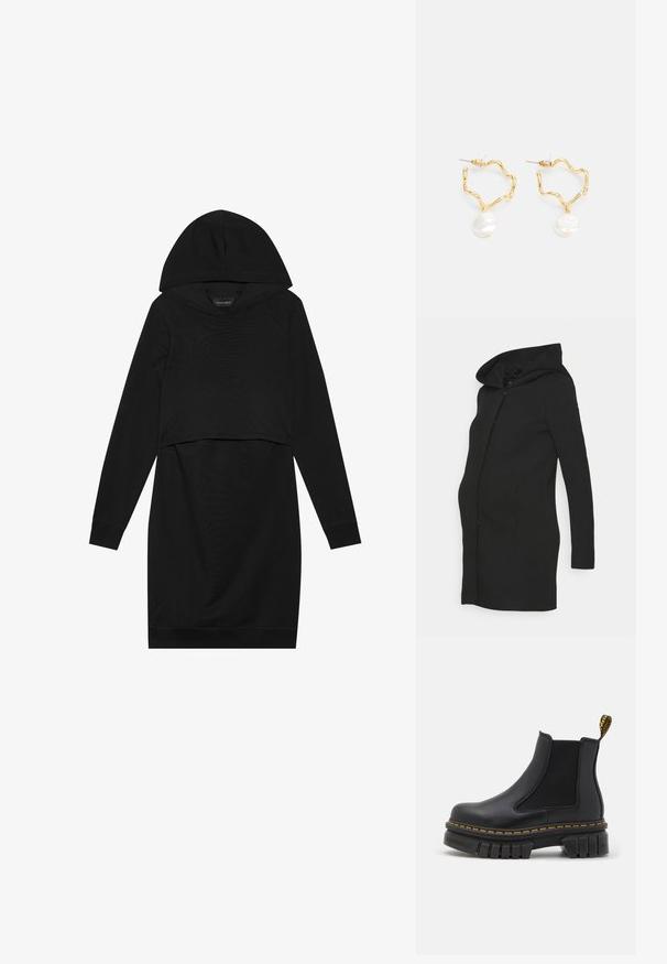 Manteau de maternité noir à coupe ajustée, manches longues et grande capuche. Confectionné dans un tissu lisse avec une silhouette épurée.; Robe pull noire avec capuche, manches longues et design cropped. Fabriquée en tissu doux avec une texture lisse et des poignets côtelés.; Bottine chelsea noire en cuir et élastique. Dotée d'une semelle en caoutchouc épaisse, de coutures jaunes et d'une languette à l'arrière.; Boucles d'oreilles en métal doré avec un design ondulé, ornées d'une accent en perle blanche pendante. La texture est lisse et les anneaux sont légers.