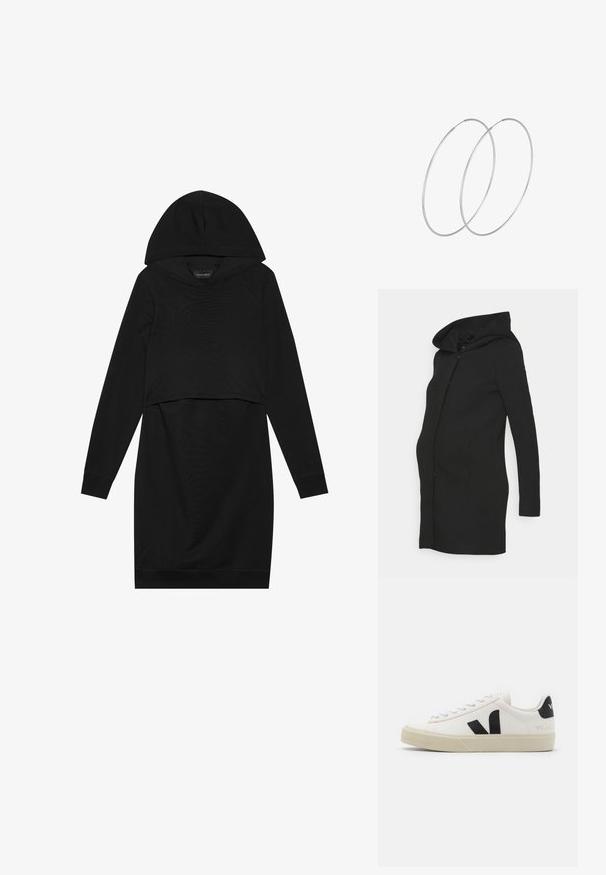 Sort graviditetsfrakke med en tætsiddende pasform, lange ærmer og en stor hætte. Fremstillet af et glat stof med en ren silhuet.; Sort pullover kjole med hætte, lange ærmer og cropped design. Fremstillet af blødt stof med en glat tekstur og ribbede manchetter.; Hvide lædersneakers med sort gummiv V-logo. Tekstureret off-white sål, hvide snørebånd og bagside med brandnavn i sort.; Sølvøreringe med et minimalistisk design. Cirkulær form, glat tekstur og tynd profil. Letvægtige med en poleret overflade.