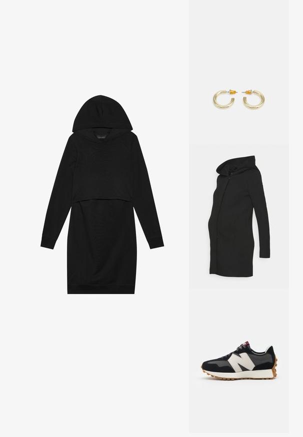 Manteau de maternité noir à coupe ajustée, manches longues et grande capuche. Confectionné dans un tissu lisse avec une silhouette épurée.; Robe pull noire avec capuche, manches longues et design cropped. Fabriquée en tissu doux avec une texture lisse et des poignets côtelés.; Baskets en suede noir et gris avec un grand logo "N" couleur crème, lacets violets et semelle extérieure en caoutchouc gomme texturé.; Boucles d'oreilles en métal doré en forme d'anneau, avec une finition lisse et arrondie. Elles possèdent des accents orange à l'arrière pour un maintien sécurisé.