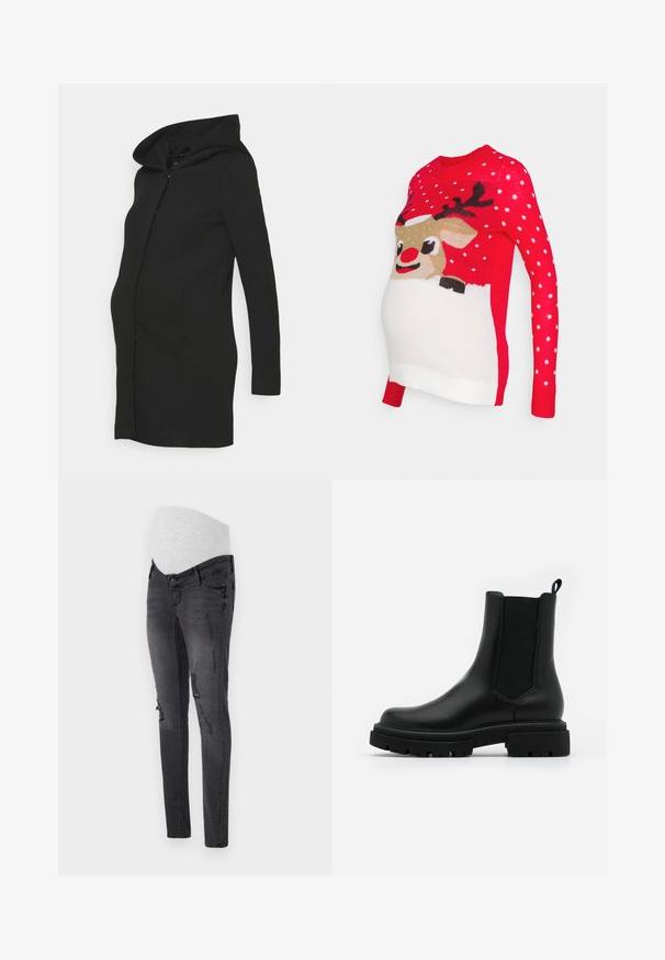 Čierny tehotenský kabát s priliehavým strihom, dlhými rukávmi a veľkou kapucňou. Vyrobený z hladkej látky s čistou siluetou.; Vero Moda Maternity VMMICELAND XMAS - Svetrík - chinese red; Tehotenské jeansy v tmavosivej džínsovine s pružným pásom, s vyblednutými detailami a priliehavým strihom.; Čierne kožené Chelsea topánky majú hladký povrch, elastické postranné panely, pútko a robustnú gumovú podrážku s textúrovaným dezénom.