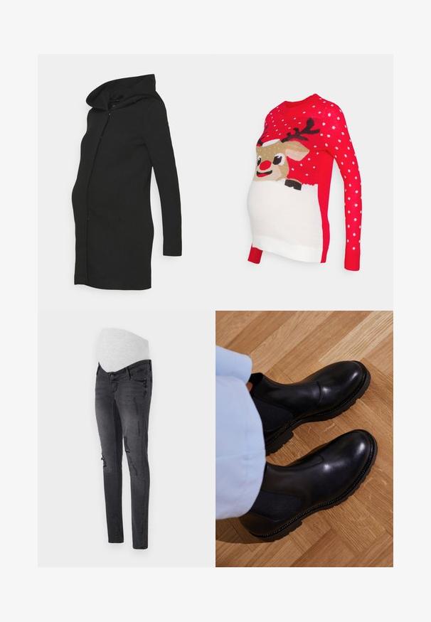 Must raseduskleit pikkade varrukatega ja mahuka kapuutsiga. Valmistatud siledast kangast, millel on puhas siluett.; Vero Moda Maternity VMMICELAND XMAS - Džemper - chinese red; Tumedast hallist denimist rasedate teksapüksid, millel on veniv vöökoht, tumenevad detailid ja kitsas lõige.; Mustad musta värvi nahast ankle saapad, millel on elastsed külgpaneelid, tekstureeritud kummitald ja kontrastne õmblus ääres.