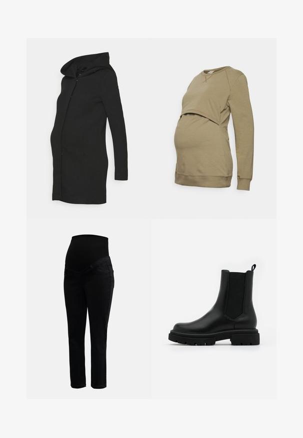 Schwarzer Umstands-Mantel mit tailliertem Schnitt, langen Ärmeln und großer Kapuze. Hergestellt aus einem glatten Stoff mit klarer Silhouette.; Boob WARMER - Sweatshirt - green khaki; Schwarze Umstandshosen mit dehnbarem, hohem Bund und schlankem Bein, entworfen für Komfort und Unterstützung während der Schwangerschaft.; Schwarze Chelsea-Boots aus Leder haben eine glatte Oberfläche, elastische seitliche Einsätze, eine Zuglasche und eine chunky Gummisohle mit strukturiertem Profil.