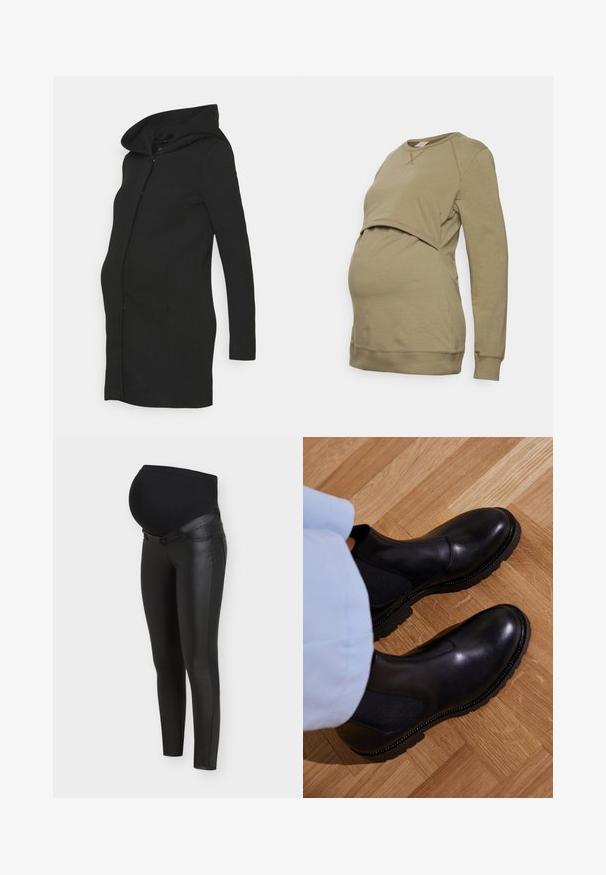 Zwarte zwangerschapsjas met een nauwsluitend ontwerp, lange mouwen en een grote kap. Gemaakt van een gladde stof met een strakke silhouet.; Boob WARMER - Sweater - green khaki; Zwarte zwangerschapsleggings met voorpanelen van kunstleer en rekbare stof over de buik voor comfort en ondersteuning tijdens de zwangerschap.; Zwarte enkellaarzen van soepel leer met elastische zijpanelen, een getextureerde rubberen zool en contrasterende stiklijnen langs de rand.