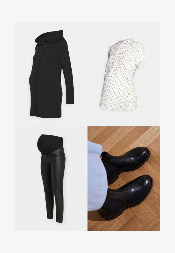 Sort graviditetsfrakke med en tætsiddende pasform, lange ærmer og en stor hætte. Fremstillet af et glat stof med en ren silhuet.; MAMALICIOUS MLDORIS LIA - Bluse - snow white; Sorte graviditetsleggings med paneler foran i imiteret læder og strækbart stof over maven for graviditetskomfort og støtte.; Sorte ankelstøvler lavet af glat læder med elastiske sidepaneler, en tekstureret gummisål og kontraststing langs kanten.
