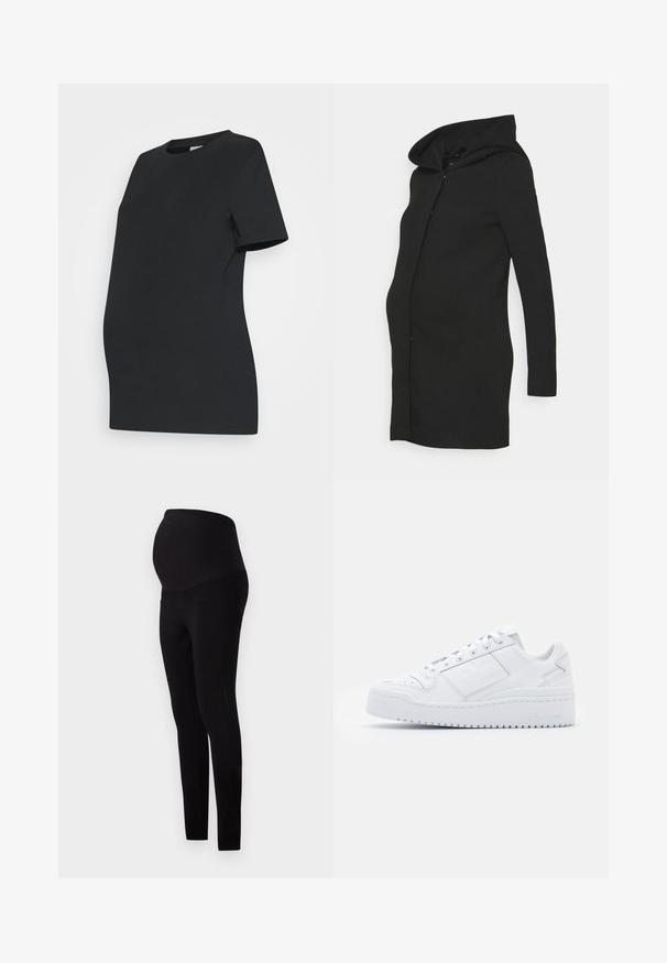 Abrigo de maternidad negro con diseño ajustado, mangas largas y una capucha grande. Confeccionado con una tela suave y una silueta limpia.; Camiseta de maternidad negra hecha de algodón suave. Mangas cortas, cuello redondo y un diseño ajustado para acomodar una barriga en crecimiento.; Leggings de maternidad negros con una cintura alta y ajustada y bolsillos, hechos de una tela elástica y suave para mayor comodidad y soporte.; Zapatillas de cuero blanco con una textura suave, punta redonda, diseño de corte bajo, cordones y una suela de plataforma que presenta un sutil logo en el lado.