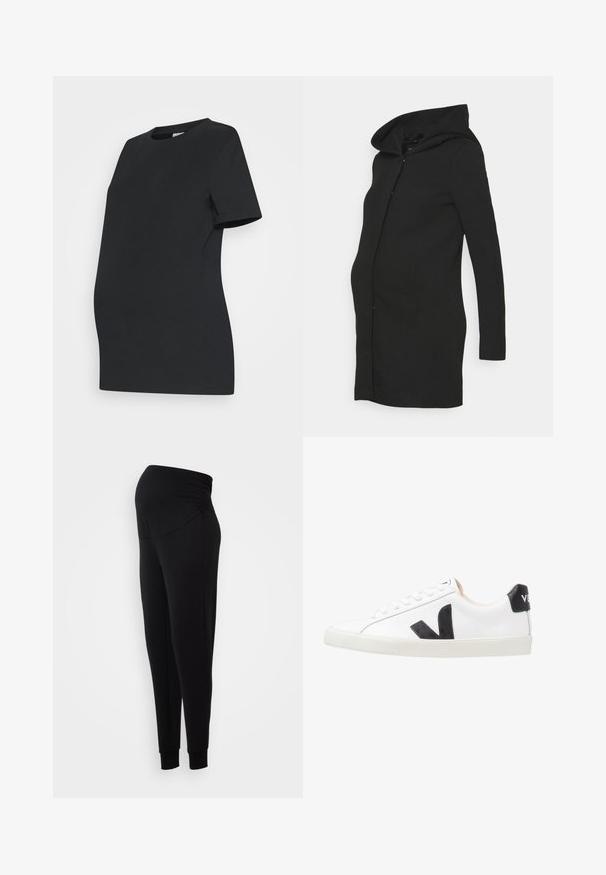 Abrigo de maternidad negro con diseño ajustado, mangas largas y una capucha grande. Confeccionado con una tela suave y una silueta limpia.; Camiseta de maternidad negra hecha de algodón suave. Mangas cortas, cuello redondo y un diseño ajustado para acomodar una barriga en crecimiento.; Leggings de maternidad negros con una cinturilla elástica, diseño de pierna ajustada y puños ceñidos en los tobillos, fabricados en un tejido suave y flexible.; Zapatilla blanca con un logo en V negro, con una parte superior de cuero liso, puntera redonda, cierre de cordones y una lengüeta en el talón de color negro en contraste.
