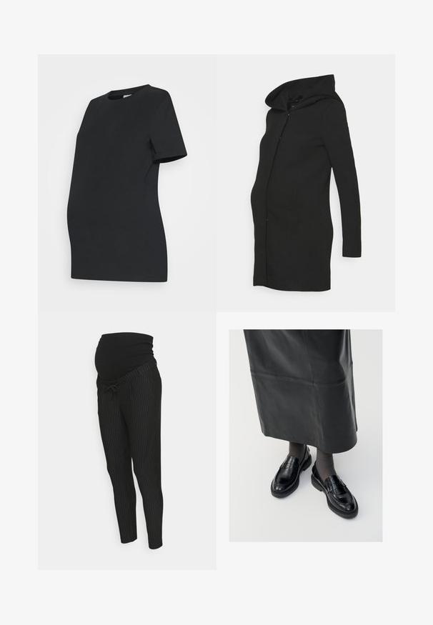 Abrigo de maternidad negro con diseño ajustado, mangas largas y una capucha grande. Confeccionado con una tela suave y una silueta limpia.; Camiseta de maternidad negra hecha de algodón suave. Mangas cortas, cuello redondo y un diseño ajustado para acomodar una barriga en crecimiento.; Pantalones de maternidad negros con rayas y una cinturilla elástica por encima de la barriga. Incluye un cordón y piernas ajustadas para comodidad y ajuste.; Mocasines de cuero negro con un acabado suave, que presentan una tira decorativa, puntera redonda y suela texturizada. Llevados con una falda larga de cuero negro.