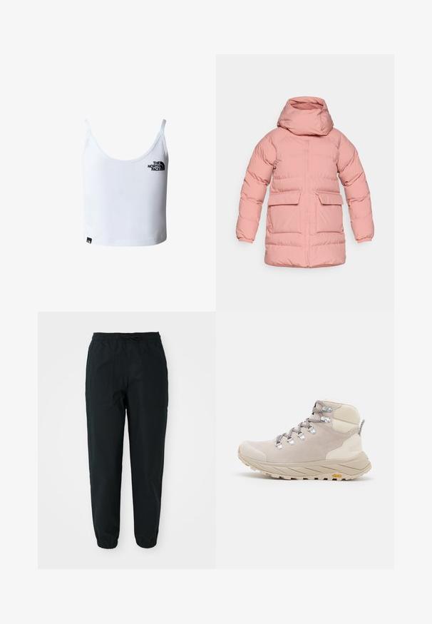 Doudoune rose avec capuche, dotée d'une fermeture éclair sur le devant, de deux poches avant et d'une texture matelassée pour l'isolation.; Débardeur court blanc avec fines bretelles, arborant le logo The North Face en noir sur la poitrine et près de l'ourlet inférieur.; Pantalons fuselés noirs en tissu lisse, dotés d'une taille élastique, d'un cordon de serrage et de poches plaquées sur les côtés. Poignets élastiques aux chevilles.; Botte de randonnée haute, suède beige clair et mesh, lacets gris, œillets en métal argenté, semelle en caoutchouc avec marquage Vibram, côtés texturés.