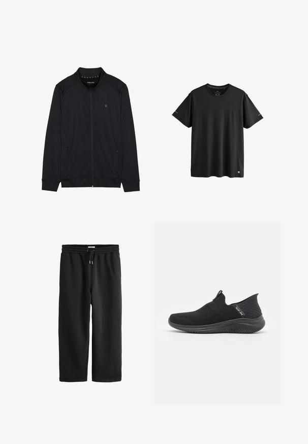 Schwarze Zip-Jacke aus weichem Stoff mit hohem Kragen, Seitentaschen und genähten Schulternähten. Minimalistisches Logo auf der Brust.; Schwarzes, kurzärmeliges Activewear-T-Shirt mit Rundhalsausschnitt, dezenten Logos an den Ärmeln und am unteren Saum, Größe M.; Schwarze Sweatpants mit weitem Bein, elastischem Bund und verstellbarem Kordelzug, gefertigt aus weichem, komfortablem Stoff.; Schwarze Slipper mit einem atmungsaktiven Mesh-Obermaterial, strukturiertem Design, flexibler Sohle und einem glatten, gepolsterten Fußbett.