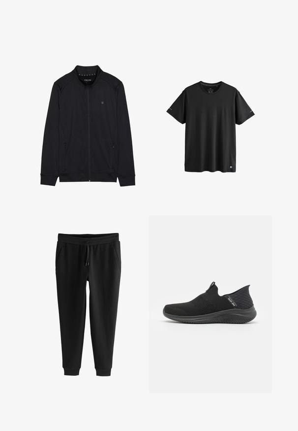 Schwarze Zip-Jacke aus weichem Stoff mit hohem Kragen, Seitentaschen und genähten Schulternähten. Minimalistisches Logo auf der Brust.; Schwarzes, kurzärmeliges Activewear-T-Shirt mit Rundhalsausschnitt, dezenten Logos an den Ärmeln und am unteren Saum, Größe M.; Schwarze, zulaufende Jogginghosen mit elastischem Bund, Kordelzug, Seitentaschen und Bündchen an den Knöcheln, flach auf weißem Hintergrund ausgelegt.; Schwarze Slipper mit einem atmungsaktiven Mesh-Obermaterial, strukturiertem Design, flexibler Sohle und einem glatten, gepolsterten Fußbett.