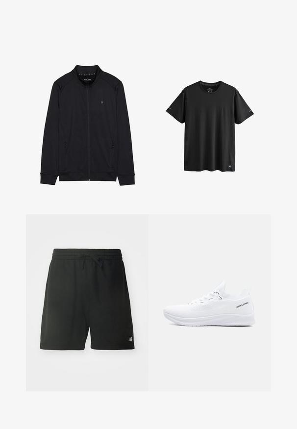 Zwarte ritsjack van zacht materiaal, met een hoge kraag, zijzakken en gestikte schoudernaden. Minimalistisch logo op de borst.; Zwart actief t-shirt met korte mouwen en ronde hals, met subtiele logo's op de mouwen en onderzoom, maat medium.; Zwarte katoenen sportshorts met een elastische tailleband, verstelbaar trekkoord en logodetail op het linkeronderbeen. Glad textuur.; Witte lage sneaker van gebreid materiaal met een gestructureerde zool, veters aan de voorkant en het "JACK & JONES" logo aan de zijkant van de hielkraag.