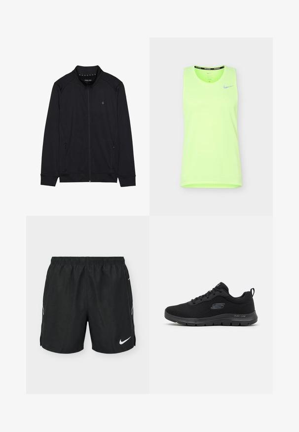 Veste zippée noire en tissu doux, dotée d'un col haut, de poches latérales et de coutures d'épaules surpiquées. Logo minimaliste sur la poitrine.; Débardeur de course Nike sans manches vert néon vif avec logo swoosh réfléchissant sur la poitrine gauche sur fond blanc.; Shorts de sport noirs avec taille élastique et logo Nike blanc sur la partie inférieure de la jambe gauche, vus de face sur fond blanc.; Chaussure de sport noire avec un dessus en mesh, bout rond, design à lacets et semelle texturée. Présente un logo sur le côté et une languette à l'arrière.