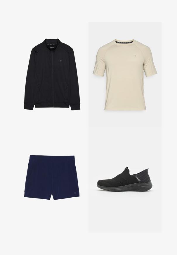 Chaqueta negra con cremallera hecha de una tela suave, que presenta un cuello alto, bolsillos laterales y costuras en los hombros. Logotipo minimalista en el pecho.; Camiseta de manga corta beige hecha de tejido suave. Presenta un escote redondo y un logo sutil en el pecho, con un diseño aerodinámico y sin patrones.; Bañadores azul marino hechos de tejido ligero, con una cinturilla elástica y dos bolsillos laterales para almacenamiento.; Zapatos negros de tipo slip-on con parte superior de malla transpirable, diseño texturizado, suela flexible y plantilla suave y acolchada.