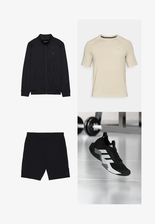 Sorth zip-jakke lavet af blødt stof, med høj krave, sidelommer og syede skuldersømme. Minimalistisk logo på brystet.; Kortærmet beige T-shirt lavet af glat stof. Har en rund halsudskæring og et diskret logo på brystet, med et strømlinet design og uden mønstre.; Sorte shorts lavet af letvægtsstof, med elastisk talje, to sidelommer og et lille logo på nederste højre side.; Sort atletiksko med en mesh-øverdel, hvide striber og grå accenter. Har polstret krave og gummisål. Velegnet til brug i fitnesscenter.