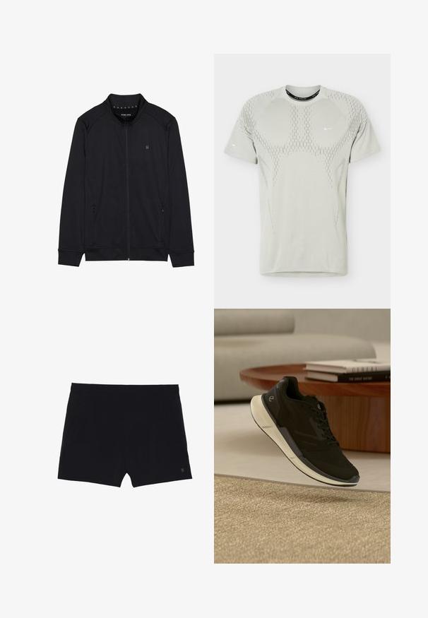 Zwarte ritsjack van zacht materiaal, met een hoge kraag, zijzakken en gestikte schoudernaden. Minimalistisch logo op de borst.; Lichtgrijs kortärmelig sport-T-shirt met geperforeerd patroon en kleine witte Nike Swoosh-logo's op borst en mouw.; Zwarte sportshorts met een gladde textuur, elastische tailleband en twee zijzakken. Voorzien van een klein logo aan de onderzijde rechts.; Zwarte sportieve sneaker met witte zool zwevend boven beige tapijt, houten ronde tafel met gestapelde boeken in een moderne woonkamer op de achtergrond.