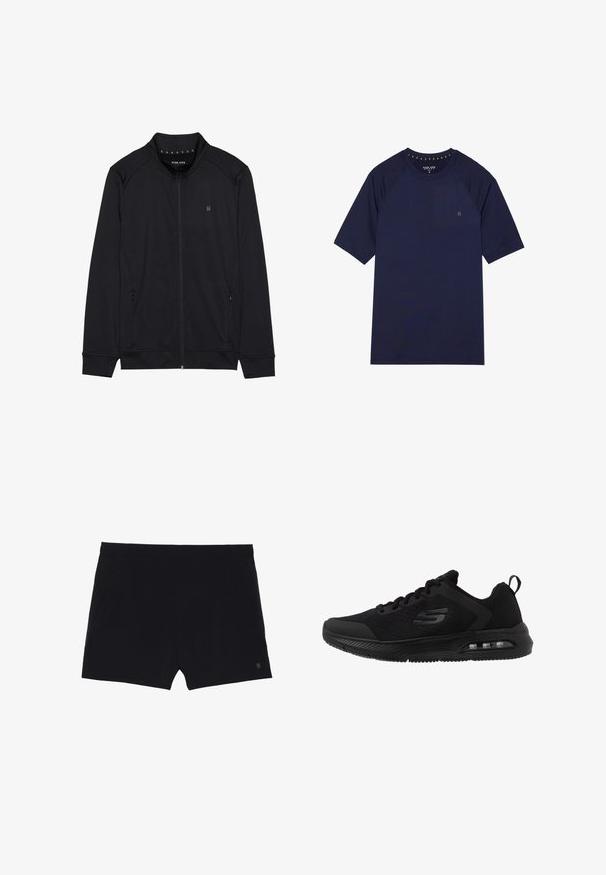 Zwarte ritsjack van zacht materiaal, met een hoge kraag, zijzakken en gestikte schoudernaden. Minimalistisch logo op de borst.; Marineblauw t-shirt met korte mouwen, gemaakt van een gladde stof. Heeft een ronde hals en raglanmouwen met een klein logo op de borst.; Zwarte sportshorts met een gladde textuur, elastische tailleband en twee zijzakken. Voorzien van een klein logo aan de onderzijde rechts.; Zwarte sportieve schoenen met een ademend mesh-bovenwerk, gestructureerde accenten, een gevoerde middenzool en een zichtbare luchtunit in de zool voor comfort.