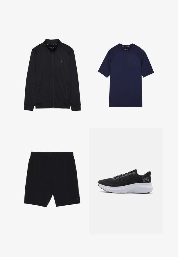 Schwarze Zip-Jacke aus weichem Stoff mit hohem Kragen, Seitentaschen und genähten Schulternähten. Minimalistisches Logo auf der Brust.; Kürzärmliges T-Shirt in Marineblau aus glattem Stoff. Mit Rundhalsausschnitt und Raglanärmeln sowie einem kleinen Logo auf der Brust.; Schwarze Shorts aus leichtem Material mit einem elastischen Bund, zwei seitlichen Taschen und einem kleinen Logo auf der unteren rechten Seite.; Schwarzer Sportschuh mit einem Obermaterial aus Mesh, gepolstertem Kragen und einer weißen Zwischensohle. Verfügt über eine strukturierte Sohle und ein Logo-Element an der Seite.