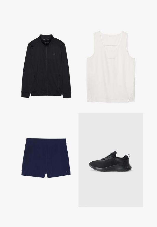 Chaqueta negra con cremallera hecha de una tela suave, que presenta un cuello alto, bolsillos laterales y costuras en los hombros. Logotipo minimalista en el pecho.; Camiseta sin mangas blanca de Calvin Klein con escote redondo y texto sutil del logo en el pecho.; Bañadores azul marino hechos de tejido ligero, con una cinturilla elástica y dos bolsillos laterales para almacenamiento.; Zapatillas deportivas negras con parte superior de malla, diseño aerodinámico, suela redondeada y suela de goma texturizada con un pequeño logotipo en el lateral.