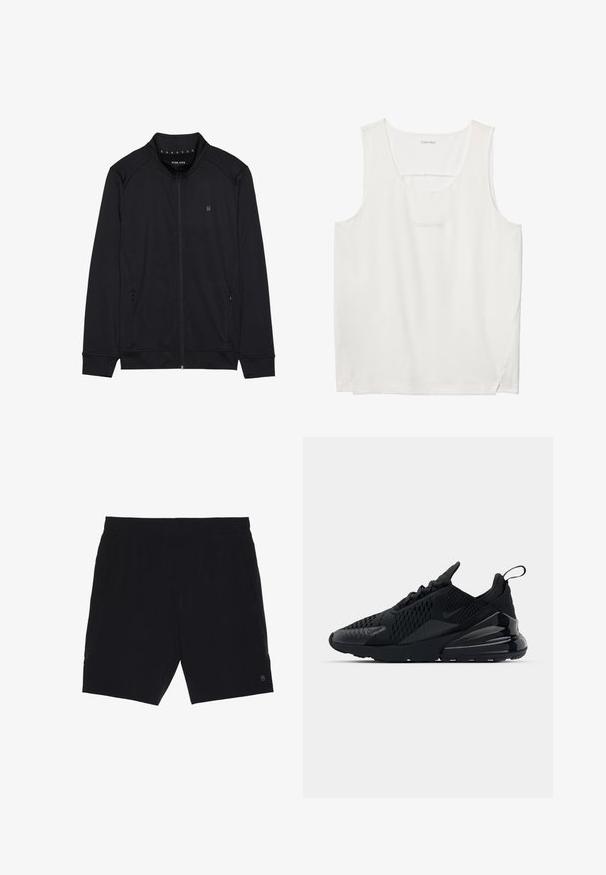 Zwarte ritsjack van zacht materiaal, met een hoge kraag, zijzakken en gestikte schoudernaden. Minimalistisch logo op de borst.; Witte mouwloze Calvin Klein tanktop met ronde halslijn en subtiele logotekst op de borst.; Zwarte shorts van lichtgewicht stof, met een elastische tailleband, twee zijzakken en een klein logo aan de onderzijde rechts.; Zwarte Nike Air Max 270 sneaker met een textuur bovenwerk, mesh panelen en een glanzende hiel met een prominente luchtkusseneenheid.