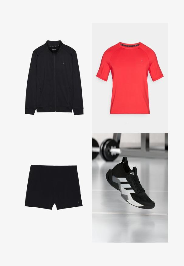 Schwarze Zip-Jacke aus weichem Stoff mit hohem Kragen, Seitentaschen und genähten Schulternähten. Minimalistisches Logo auf der Brust.; Rotes sportliches T-Shirt mit kurzen Ärmeln und rundem Ausschnitt, featuring Raglanärmel und einem kleinen Logodetail auf der Vorderseite.; Schwarze Sportshorts mit glatter Textur, elastischem Bund und zwei Seitentaschen. Mit einem kleinen Logo auf der unteren rechten Seite.; Schwarzer Sportschuh mit Mesh-Obermaterial, weißen Streifen und grauen Akzenten. Verfügt über einen gepolsterten Kragen und eine Gummisohle. Geeignet für die Nutzung im Fitnessstudio.