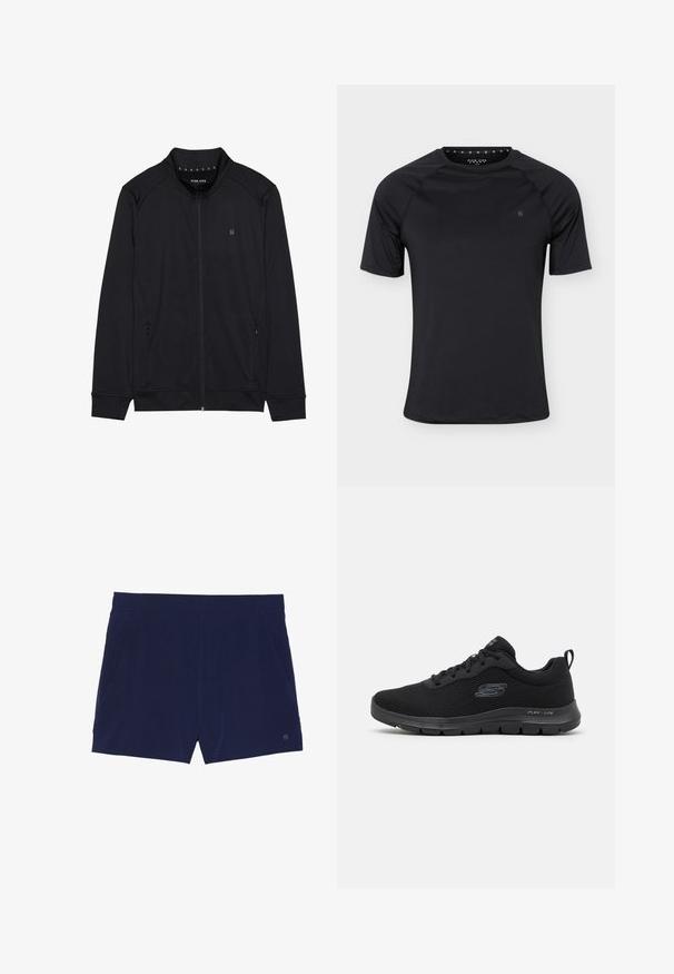 Veste zippée noire en tissu doux, dotée d'un col haut, de poches latérales et de coutures d'épaules surpiquées. Logo minimaliste sur la poitrine.; T-shirt de sport noir à manches courtes avec col rond et petit logo sur la poitrine gauche, présenté sur un fond clair uni.; Shorts de bain bleu marine en tissu léger, dotés d'une taille élastique et de deux poches latérales pour le rangement.; Chaussure de sport noire avec un dessus en mesh, bout rond, design à lacets et semelle texturée. Présente un logo sur le côté et une languette à l'arrière.