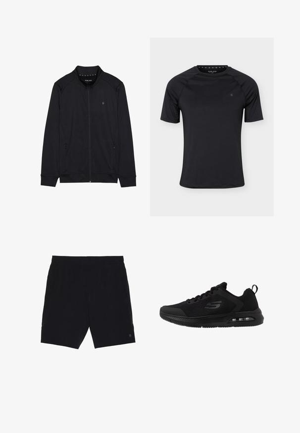 Schwarze Zip-Jacke aus weichem Stoff mit hohem Kragen, Seitentaschen und genähten Schulternähten. Minimalistisches Logo auf der Brust.; Schwarzes kurzärmeliges Sport-T-Shirt mit Rundhalsausschnitt und kleinem Logo auf der linken Brust, dargestellt auf einfachem hellem Hintergrund.; Schwarze Shorts aus leichtem Material mit einem elastischen Bund, zwei seitlichen Taschen und einem kleinen Logo auf der unteren rechten Seite.; Schwarze Sportschuhe mit einem atmungsaktiven Mesh-Obermaterial, strukturierten Akzenten, dämpfender Zwischensohle und einer sichtbaren Luftblase in der Sohle für zusätzlichen Komfort.