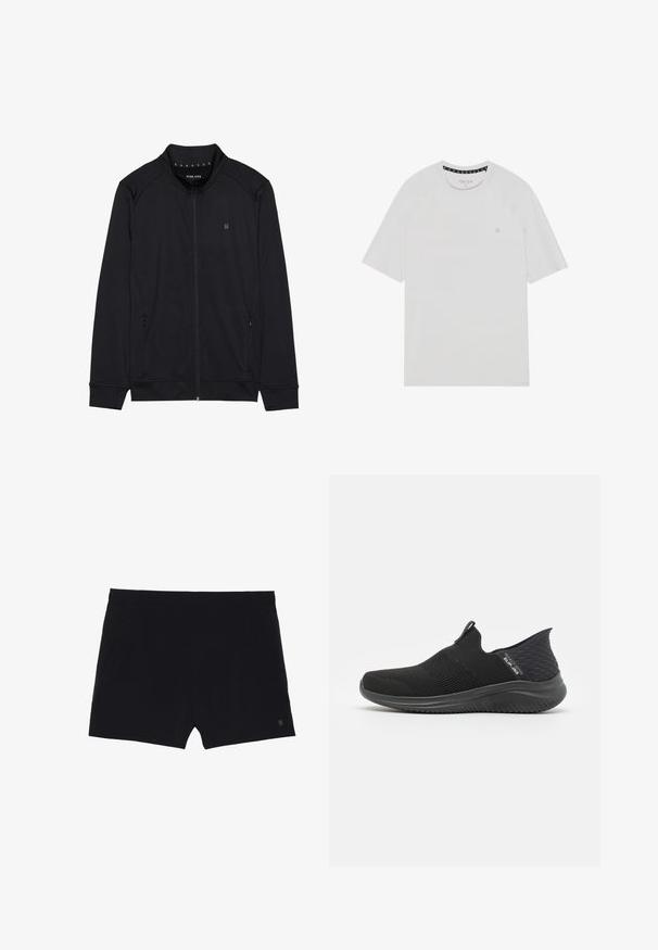 Zwarte ritsjack van zacht materiaal, met een hoge kraag, zijzakken en gestikte schoudernaden. Minimalistisch logo op de borst.; Witte t-shirt met korte mouwen en ronde hals, voorzien van raglanmouwen, een subtiele logo op de borst en contrasterende afwerking aan de hals.; Zwarte sportshorts met een gladde textuur, elastische tailleband en twee zijzakken. Voorzien van een klein logo aan de onderzijde rechts.; Zwarte instap schoenen met een ademend mesh bovenwerk, gestructureerd ontwerp, flexibele zool en een gladde, gevoerde voetbed.