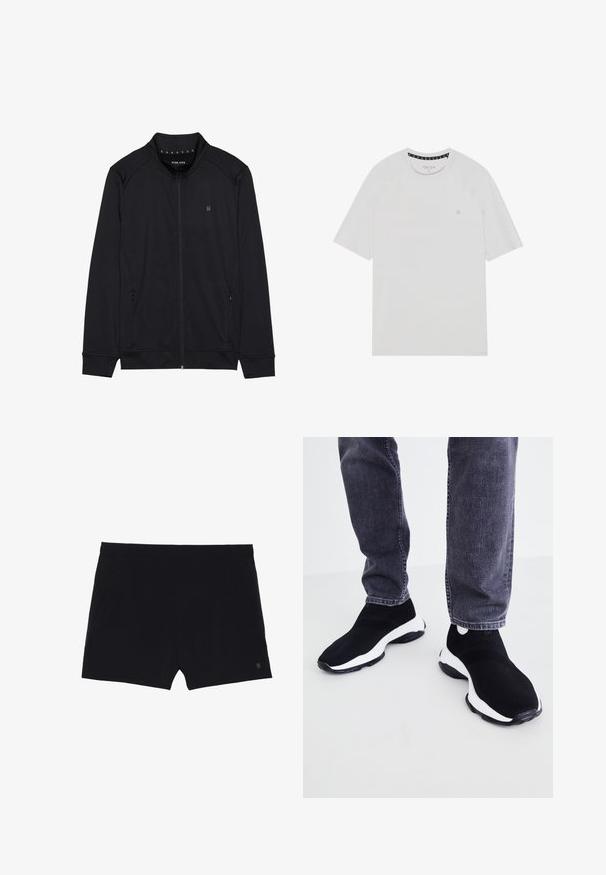 Schwarze Zip-Jacke aus weichem Stoff mit hohem Kragen, Seitentaschen und genähten Schulternähten. Minimalistisches Logo auf der Brust.; Weißes T-Shirt mit kurzen Ärmeln und Rundhalsausschnitt, mit Raglanärmeln, einem dezenten Logo auf der Brust und kontrastierendem Halsausschnitt.; Schwarze Sportshorts mit glatter Textur, elastischem Bund und zwei Seitentaschen. Mit einem kleinen Logo auf der unteren rechten Seite.; Schwarz-weiße Slip-On-Sneaker mit Obermaterial aus strukturiertem Mesh, runder Zehenform und schwarzer Gummisohle, kombiniert mit dunklen Jeans.