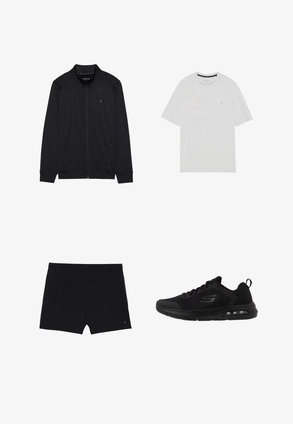 Sorth zip-jakke lavet af blødt stof, med høj krave, sidelommer og syede skuldersømme. Minimalistisk logo på brystet.; Hvid kortærmet t-shirt med rund hals, med raglanærmer, et diskret logo på brystet og kontrasterende halskant.; Sorte sportsshorts med en glat tekstur, elastisk talje og to sidelommer. Har et lille logo nederst til højre.; Sorte sportsko med en åndbar mesh-overdel, teksturerede detaljer, polstret mellemsål og en synlig luftenhed i sålen for komfort.
