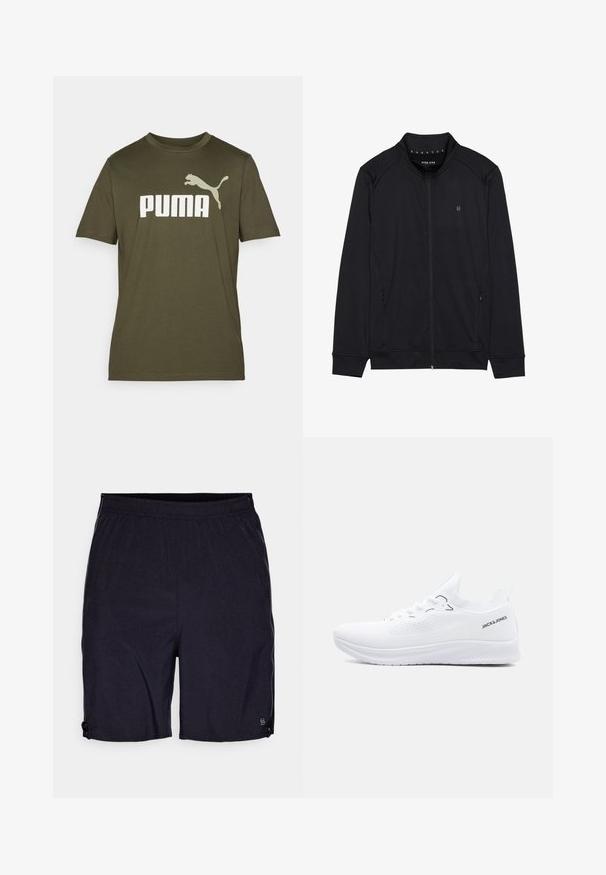 Čierna zipsová bunda vyrobená z mäkkej tkaniny, s vysokým golierom, bočnými vreckami a prišitými ramennými švami. Minimalistické logo na hrudi.; Olivovozelené bavlnené tričko s veľkým bielym logom "PUMA" a grafikou skáčúceho pumy na ľavom ramene. Krátke rukávy, okrúhly výstrih.; Čierne športové šortky z pružného materiálu, s elastickým pásom, bočnými zipsovými vreckami a malým logom na dolnom leme.; Biela pletená nízka teniska s textúrovanou podrážkou, šnurovaním vpredu a logom "JACK & JONES" na bočnej strane päty.