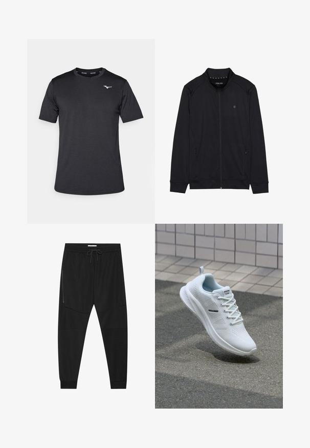 Veste zippée noire en tissu doux, dotée d'un col haut, de poches latérales et de coutures d'épaules surpiquées. Logo minimaliste sur la poitrine.; T-shirt de sport noir à manches courtes en tissu lisse, avec un col rond et un logo discret sur la poitrine.; Pantalons de sport noirs en tissu texturé, dotés d'une taille réglable, d'une poche latérale zippée et de chevrons resserrés.; Baskets blanches de sport avec une tige en mesh, design texturé, fermeture à lacets et semelle en caoutchouc. Accent logo sur le côté. Légères et respirantes.
