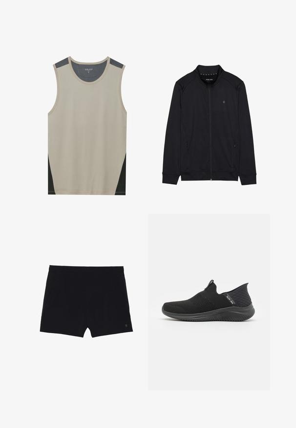 Sorth zip-jakke lavet af blødt stof, med høj krave, sidelommer og syede skuldersømme. Minimalistisk logo på brystet.; Beige ærmeløs tanktop med mørkegrå skulderdetaljer og sorte sidelapper. Glat tekstur med en rund halsudskæring.; Sorte sportsshorts med en glat tekstur, elastisk talje og to sidelommer. Har et lille logo nederst til højre.; Svarte slip-on sko med en åndbar mesh overdel, struktureret design, fleksibel sål og en glat, polstret indersål.
